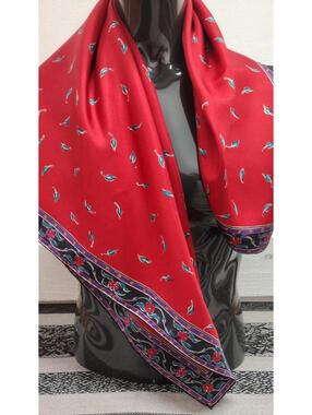 Vintage Silk Scarf Purple Border Boho Terracotta Leafs Square Large Size Bohemia